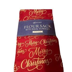 C&F Home Set Of 3 Flour Sack Kitchen Towels Merry Christmas Design‎ Gold & Red